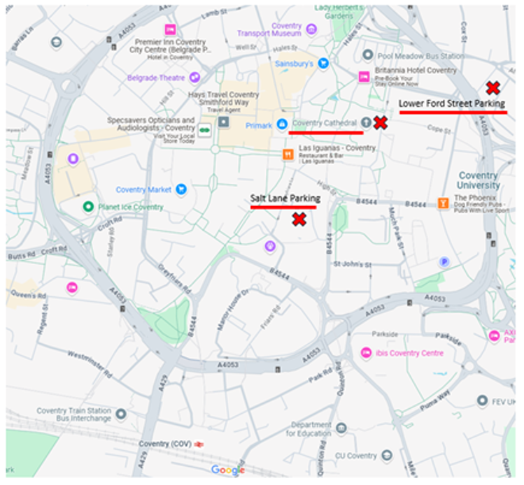 Map of Coventry City Centre showing car parks highlighted with red crosses.