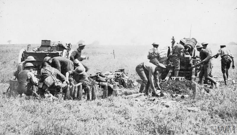 British artillery crews manning their guns during the Battle of Amiens.