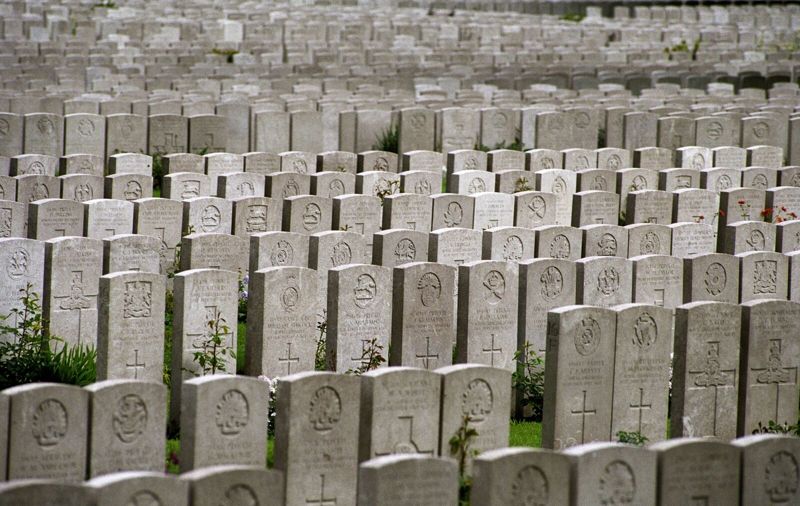 Rows of CWGC headstones at Lijssenthoek Military Cemetery, Belgium.