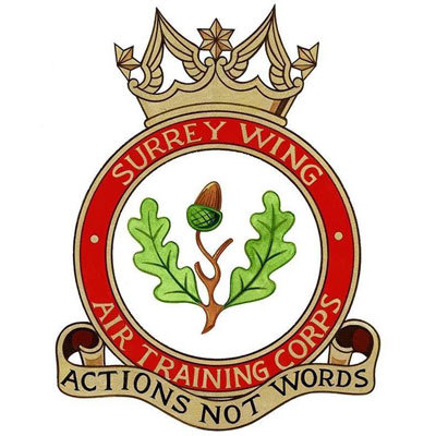 Regimental badge of Surrey Wing Air Training Corps. The badge shows a hollow red circle. Inside the circle is an icon of two oak leaves and an acorn. A gold crown sits atop the red circle and a banner of text with the phrase "Actions not words" can be seen along the bottom of the badge.