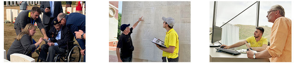 Banner showing three images. First image shows CWGF guides talking to a WW2 veteran in a wheelchair. Second shows a Guide in a bright yellow polo helping a man in a black t shirt and cap pick out names on a stone name panel on the Thiepval memorial. The final image is of a guide and a guest researching names on a computer screen.