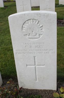 Commonwealth War Graves headstone of Private Sinclair B. May at Tyne Cot Cemetery