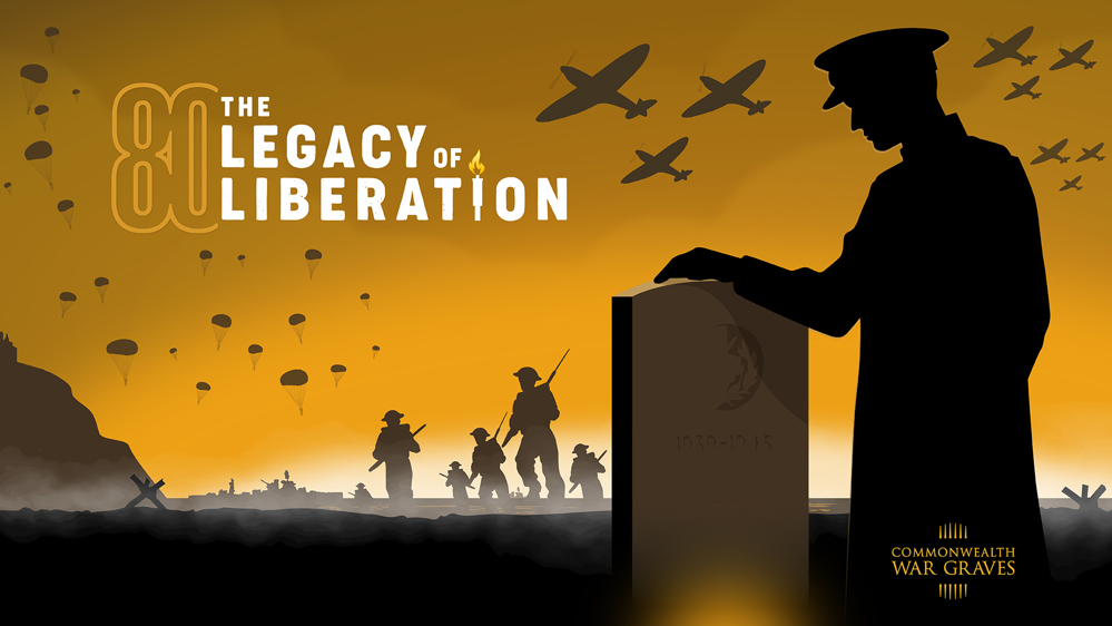 Legacy of Liberation graphic showing a soldier's silohuette against a CWGC gravestone. Warplanes and paratroopers dot the sky while infantry advance in the background.