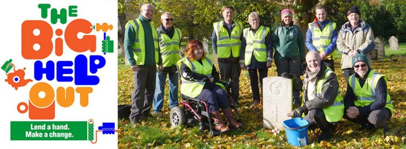 The Big Help Out logo next to an image of CWGC volunteers posing next to a headstone.