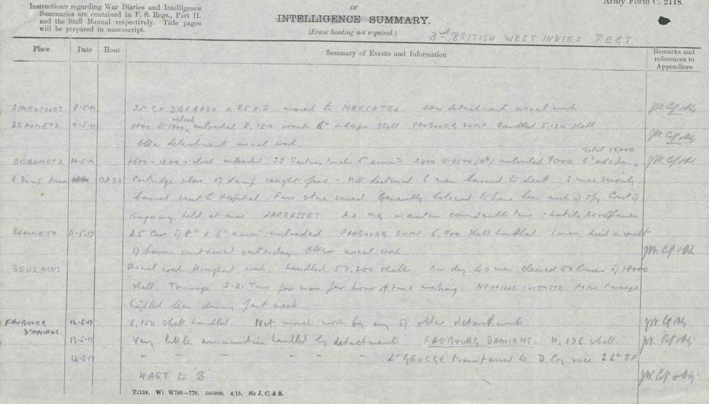 Extract from a war diary, written in spidery handwriting in blue ink.