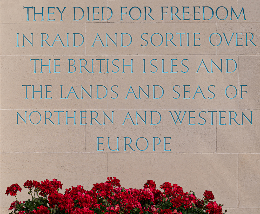 Inscription on the Runnymede Memorial highlighted with blue lettering. Inscription reads: "They died for freedom in raid and sortie over the British Isles and the lands and seas of Northern and Western Europe".