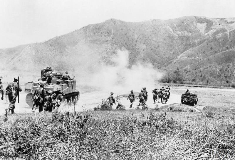 Indian and British WW2 soldiers advancing at Kohima and Imphal.