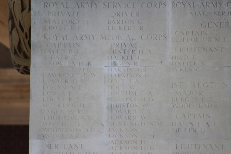 Close up of a name panel on the Thiepval Memorial displaying the names of 14 officers of the Royal Medical Corps