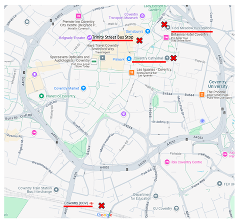 Map of Coventry City Centre with public transport nodes highlighted with red crosses.