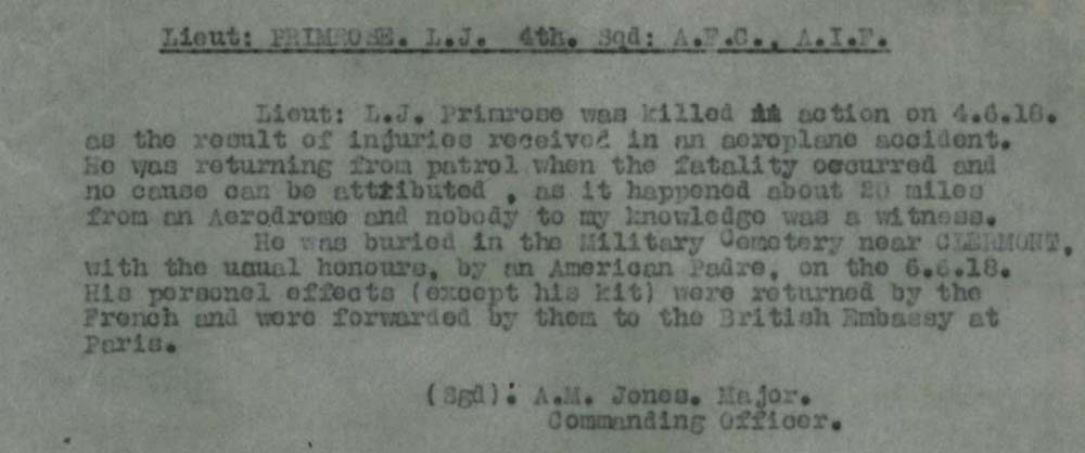 An extract from a regimental diary showcasing Leslie Primrose's WW1 service record.