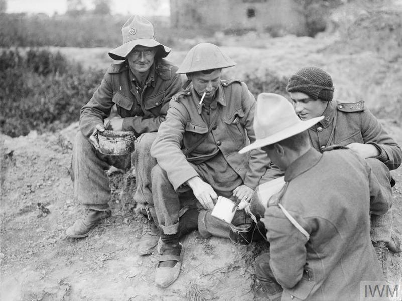 Kiwi soldiers making a cup of tea in a trench on the Western Front