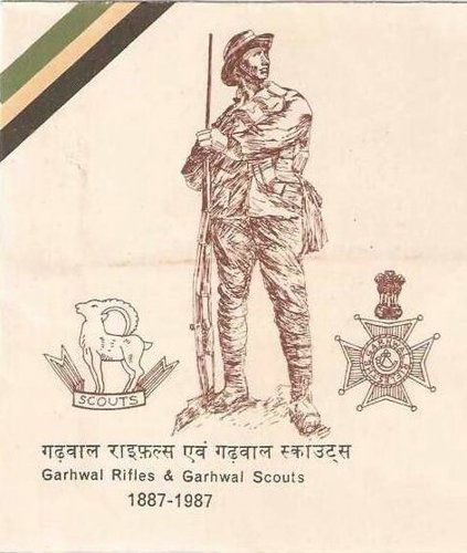 Regimental insigina and badges of Garhwal Rifles & Scouts featuring central sketch of a soldier with rifle.