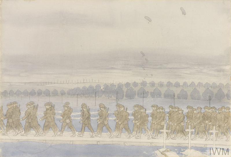 Painting showing a column of WW1 British soldiers marching through the Somme countryside. Hills and trees can be seen in the background. A row of wooden cross denoting war graves is visible in the foreground.