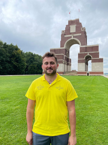 CWGF Guide James Lynch standing in front of the Thiepval Memorial, France.