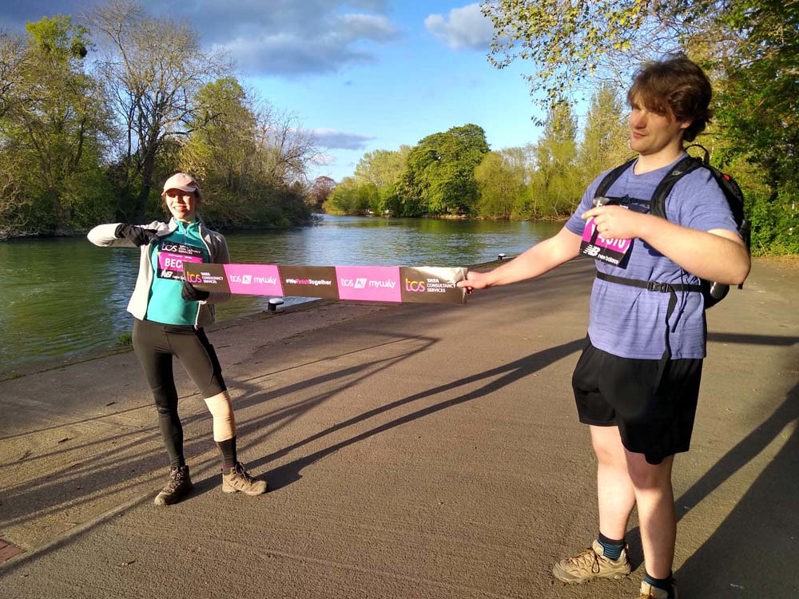 Becca & George celebrate completing the London Virtual Marathon at Reading River Bank
